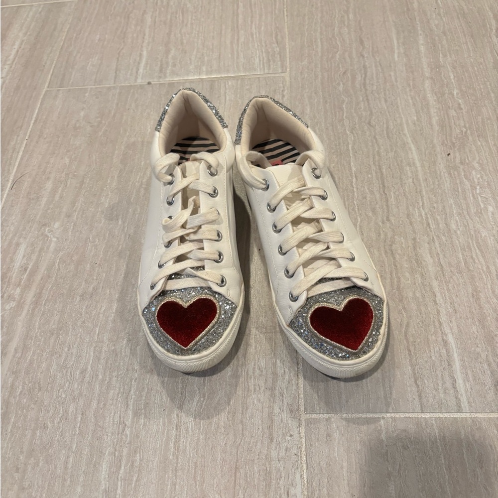 Betsey Johnson White and Silver Sneakers with Red puffy velvet Heart